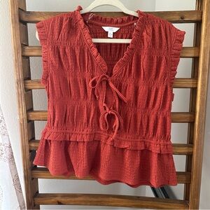 Time and Tru Burnt Orange Textured Tie-Front Peplum Top